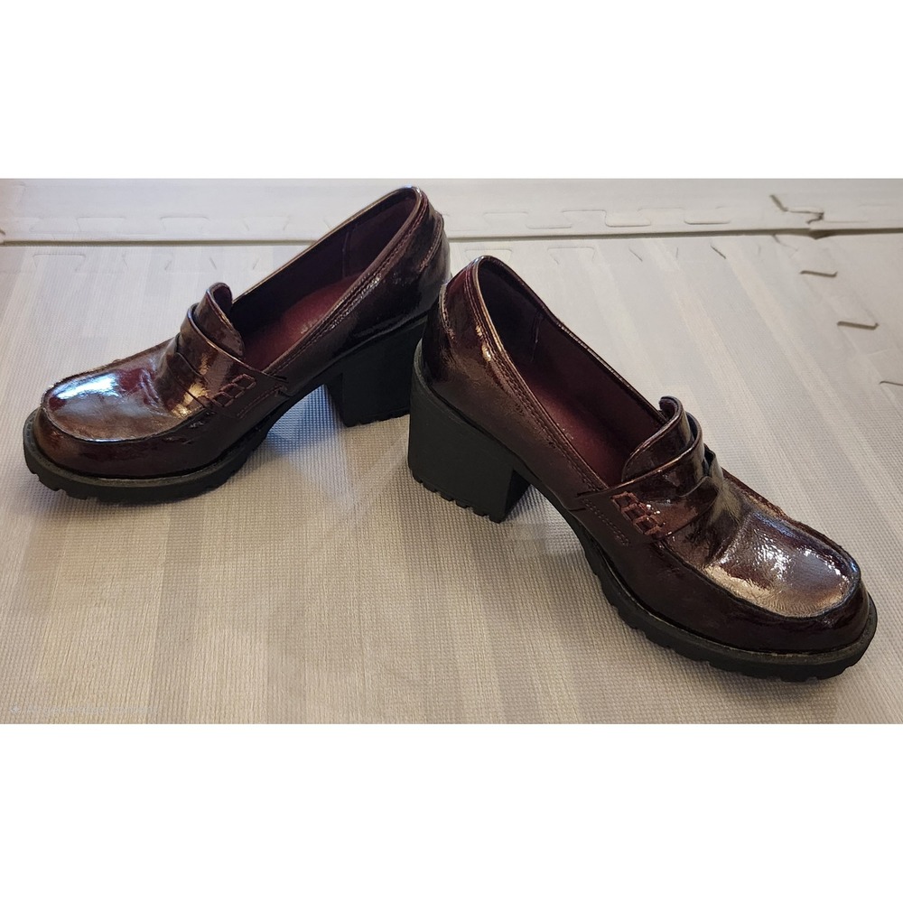 Sun + Stone Maydee Burgundy Patent Chunky Block Heel Penny Loafers Lug Sole 6.5M - Picture 2 of 8